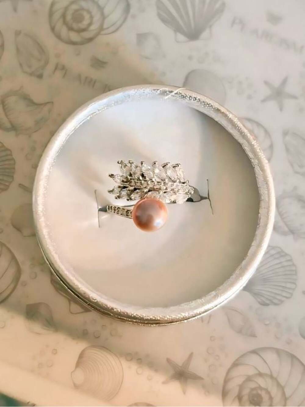 925 Silver and Pink Pearl Ring with crystal Vine Accents